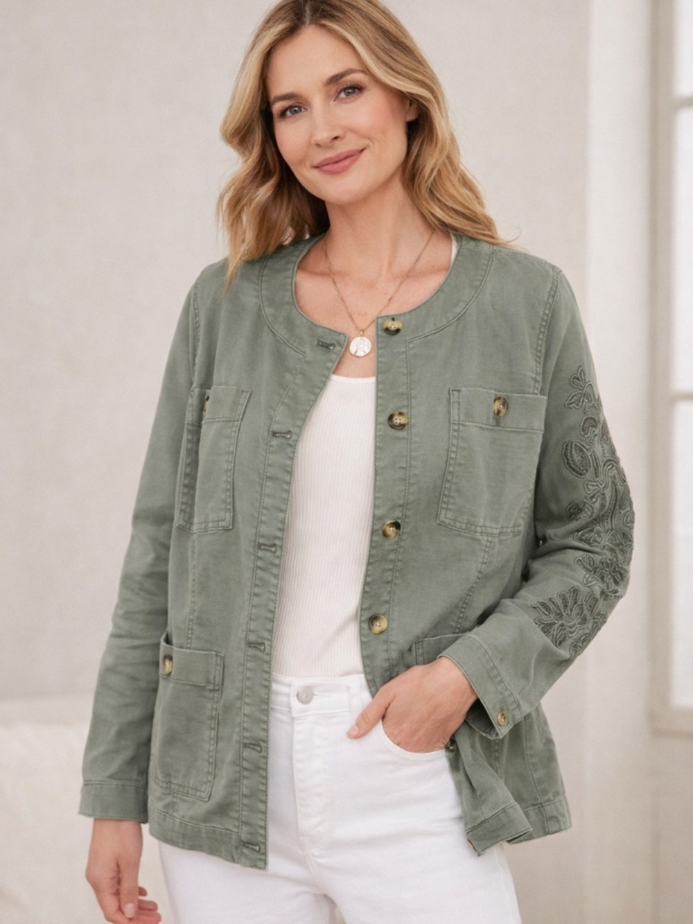 Soft Surroundings Monterey Utility Jacket L Agave Green Embroidered NWT